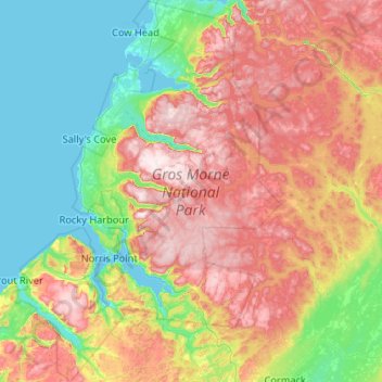 Mapa topográfico Gros Morne National Park, altitud, relieve