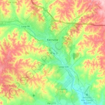 Mapa topográfico Kerrville, altitud, relieve