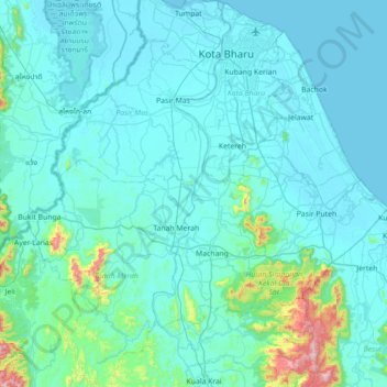 Mapa topográfico Kelantan River, altitud, relieve