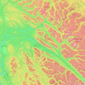 Mapa topográfico Area F (Willow River/Upper Fraser), altitud, relieve