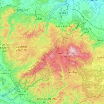 Mapa topográfico Harz (LK Goslar), altitud, relieve