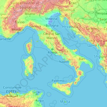 Mapa topográfico Italie, altitud, relieve