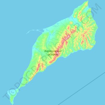 Mapa topográfico Karaginsky Island, altitud, relieve