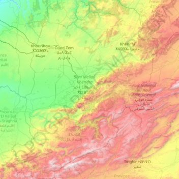 Mapa topográfico Béni Mellal-Khénifra ⴰⵢⵜ ⵎⵍⵍⴰⵍ-ⵅⵏⵉⴼⵕⴰ بني ملال-خنيفرة, altitud, relieve