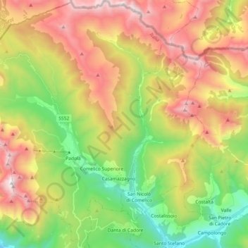 Mapa topográfico Comelico Superiore, altitud, relieve
