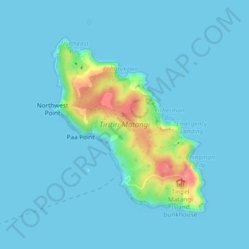 Mapa topográfico Tiritiri Matangi, altitud, relieve