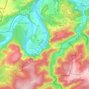Mapa topográfico Chooz, altitud, relieve