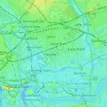 Mapa topográfico London Borough of Newham, altitud, relieve