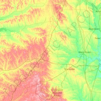 Mapa topográfico Tombigbee National Forest, altitud, relieve
