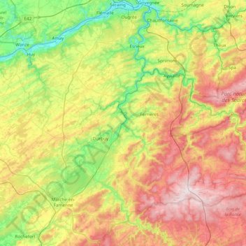 Mapa topográfico Ourthe, altitud, relieve