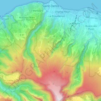 Mapa topográfico Saint-Denis, altitud, relieve