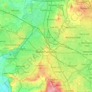 Mapa topográfico Wolverhampton, altitud, relieve