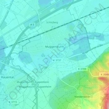 Mapa topográfico Muggensturm, altitud, relieve