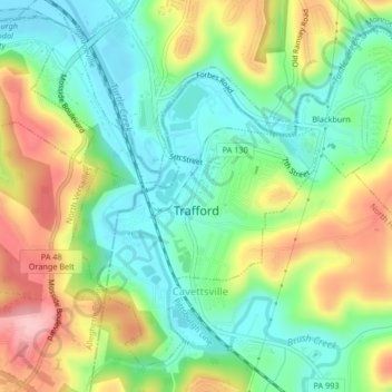 Mapa topográfico Trafford, altitud, relieve