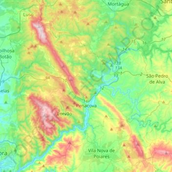 Mapa topográfico Penacova, altitud, relieve