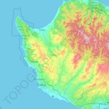 Mapa topográfico Paphos, altitud, relieve