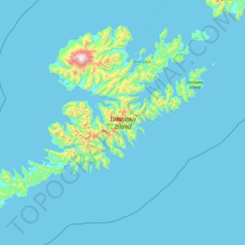 Mapa topográfico Unalaska Island, altitud, relieve