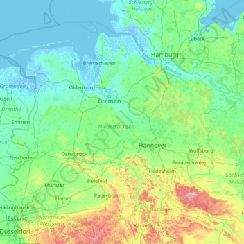 Mapa topográfico Lower Saxony, altitud, relieve