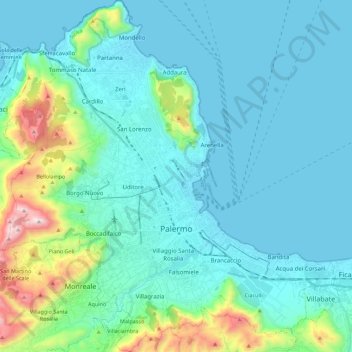 Mapa topográfico Palerme, altitud, relieve
