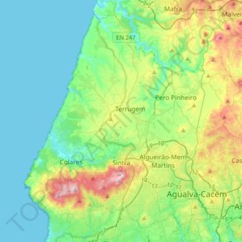 Mapa topográfico Sintra, altitud, relieve