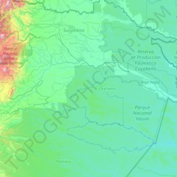 Mapa topográfico Orellana, altitud, relieve