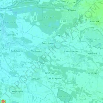 Mapa topográfico Niedersachsen, altitud, relieve