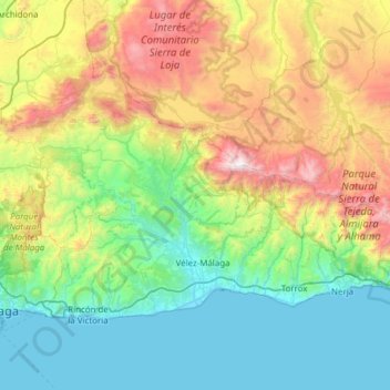 Mapa topográfico La Axarquía, altitud, relieve