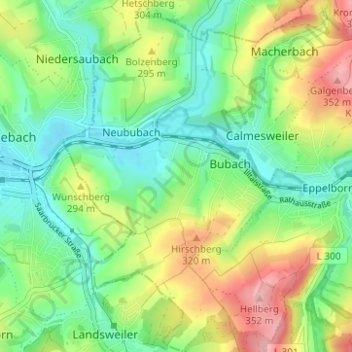 Mapa topográfico Bubach-Calmesweiler, altitud, relieve