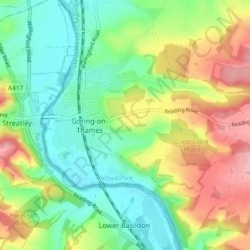 Mapa topográfico Goring-on-Thames, altitud, relieve