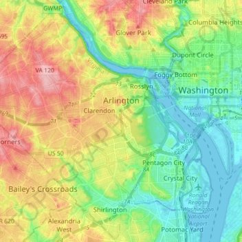 Mapa topográfico Arlington, altitud, relieve