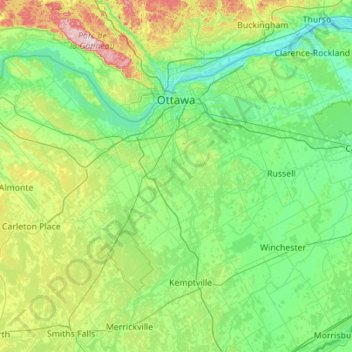 Mapa topográfico Ottawa, altitud, relieve