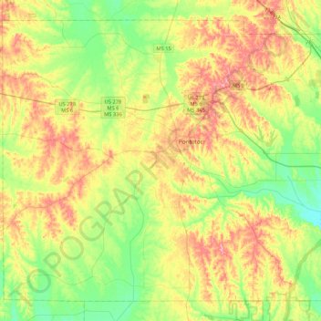 Mapa topográfico Pontotoc County, altitud, relieve