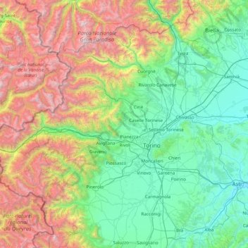 Mapa topográfico Torino, altitud, relieve