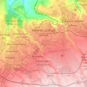 Mapa topográfico Meknès, altitud, relieve