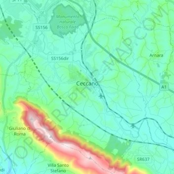 Mapa topográfico Ceccano, altitud, relieve