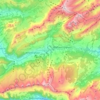 Mapa topográfico Wildhaus-Alt St. Johann, altitud, relieve