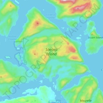 Mapa topográfico Sonora Island, altitud, relieve