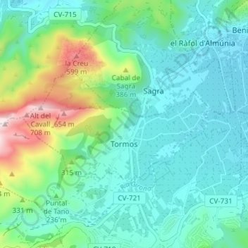 Mapa topográfico Tormos, altitud, relieve
