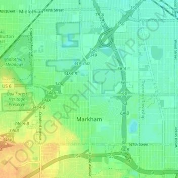 Mapa topográfico Markham, altitud, relieve