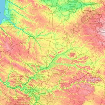 Mapa topográfico Picardie, altitud, relieve