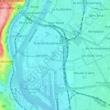 Mapa topográfico Lyon 7e Arrondissement, altitud, relieve