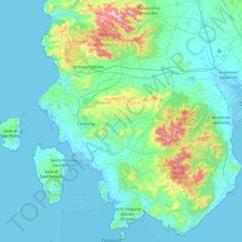 Mapa topográfico Sulcis Iglesiente, altitud, relieve