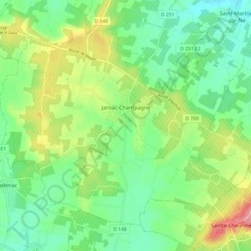 Mapa topográfico Jarnac-Champagne, altitud, relieve
