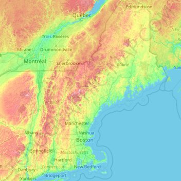 Mapa topográfico Nueva Inglaterra, altitud, relieve