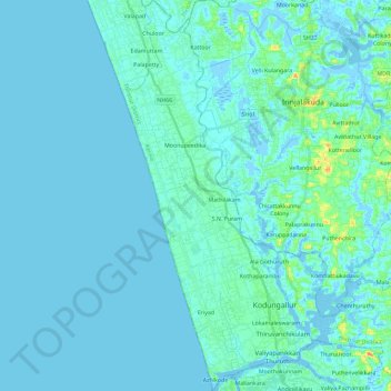 Mapa topográfico Kodungallur, altitud, relieve