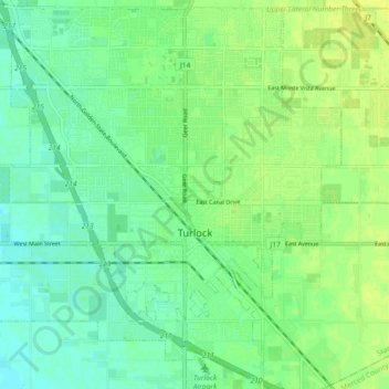 Mapa topográfico Turlock, altitud, relieve