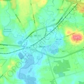 Mapa topográfico Elkton, altitud, relieve