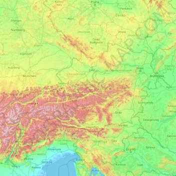 Mapa topográfico Österreich, altitud, relieve