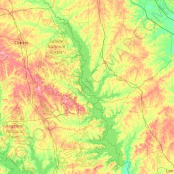 Mapa topográfico Toledo Bend Reservoir, altitud, relieve