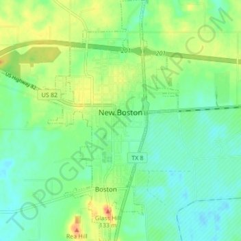Mapa topográfico New Boston, altitud, relieve
